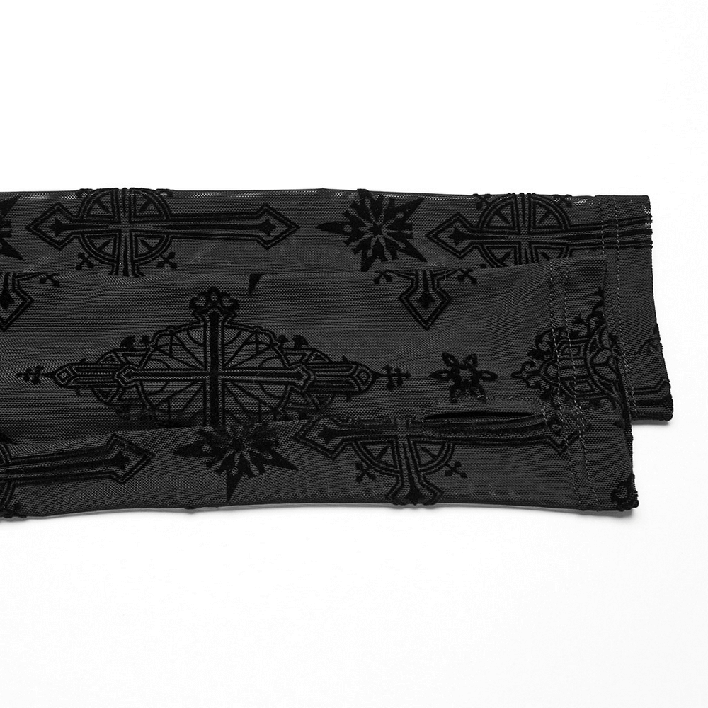 Stylish gothic mesh top featuring intricate cross flocking details in black, perfect for adding edge to any outfit.