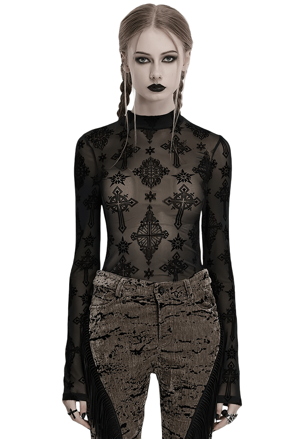 Stylish Gothic mesh top featuring detailed cross flocking, perfect for edgy fashion lovers.