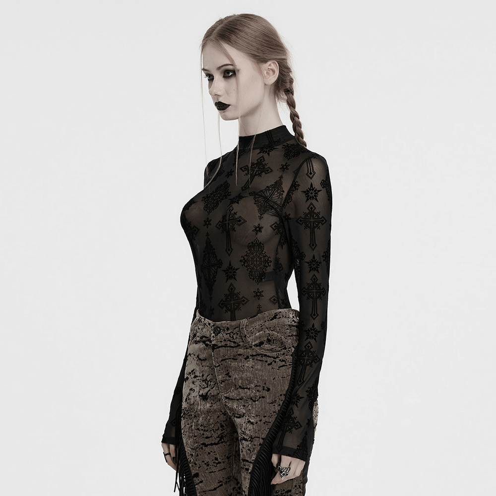 Stylish gothic mesh top with cross flocking details, perfect for edgy fashion lovers.