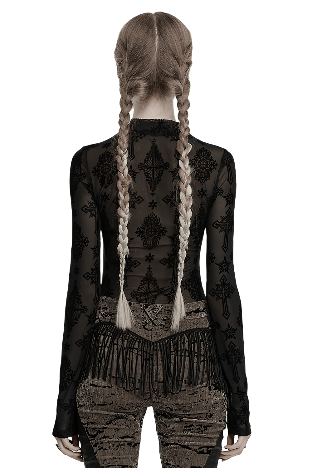Back view of a stylish Gothic mesh top featuring cross flocking details, paired with fringe-bottom pants.