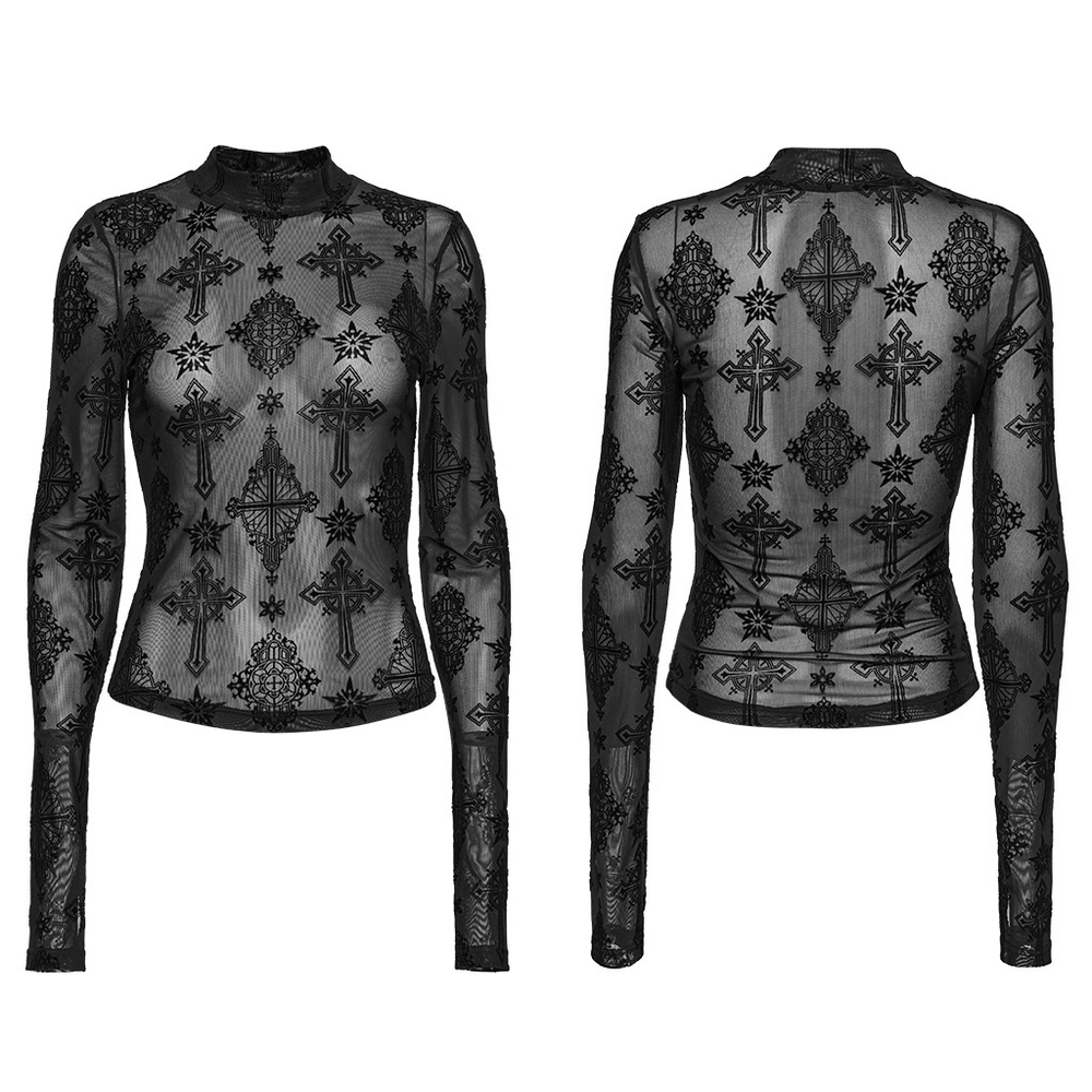 Stylish Gothic mesh top featuring intricate cross flocking details, perfect for edgy fashion lovers.