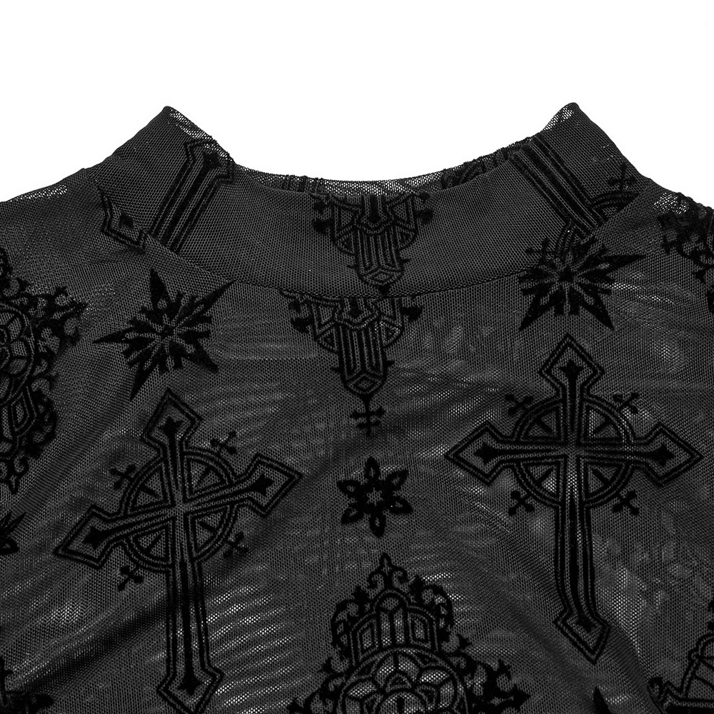 Stylish Gothic mesh top featuring intricate cross flocking details for a bold look.