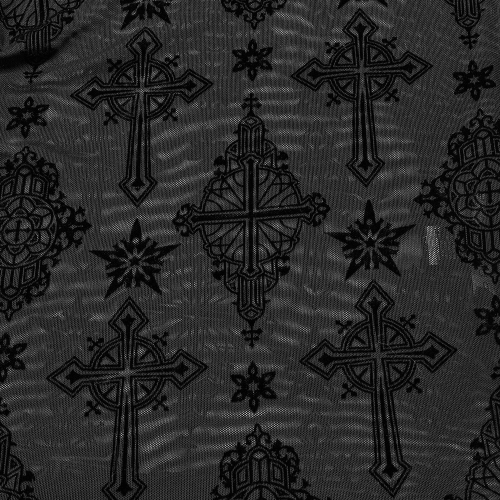 Stylish gothic mesh fabric featuring intricate cross and floral flocking patterns.