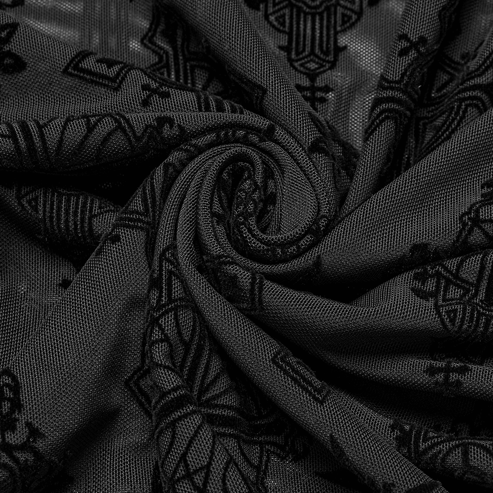 Close-up of black gothic mesh fabric featuring intricate cross flocking designs, perfect for a stylish top.