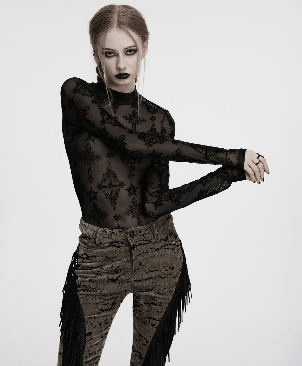 Stylish Gothic mesh top featuring cross flocking details, paired with trendy fringed pants.