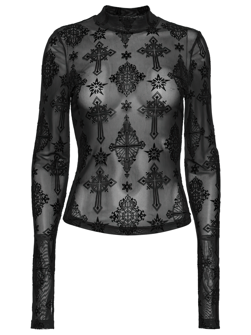 Stylish Gothic mesh top featuring cross flocking details, perfect for a bold, edgy look.