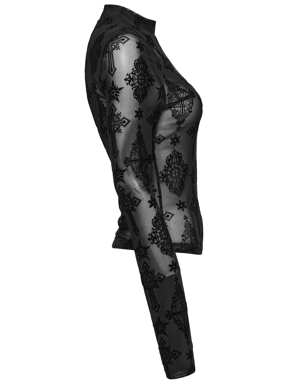 Stylish Gothic mesh top featuring cross flocking details, perfect for edgy fashion lovers.