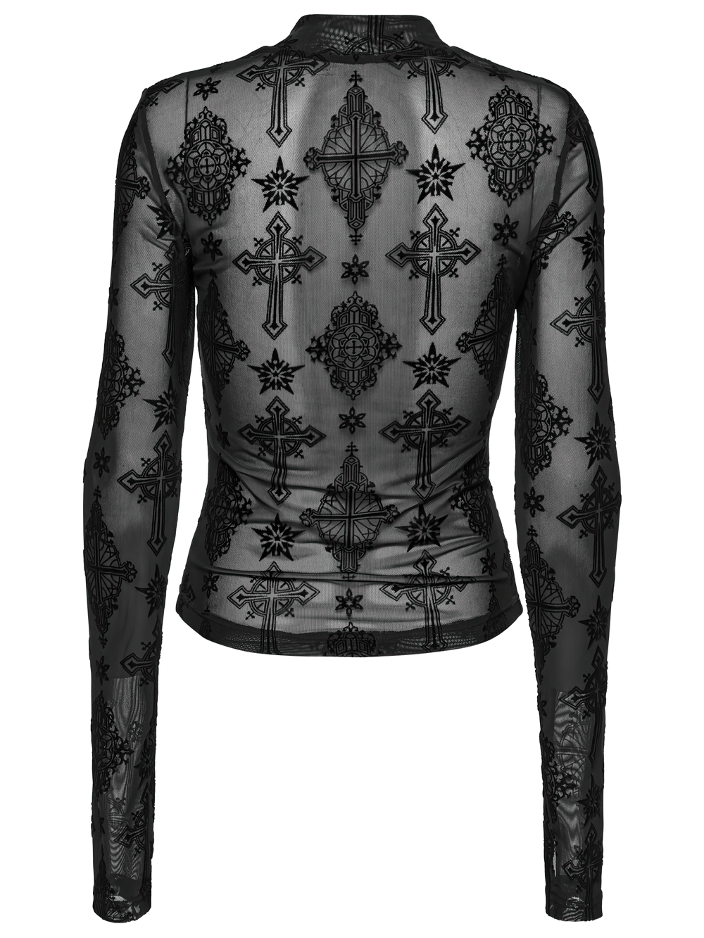 Stylish gothic mesh top featuring intricate cross flocking details, perfect for a unique fashion statement.