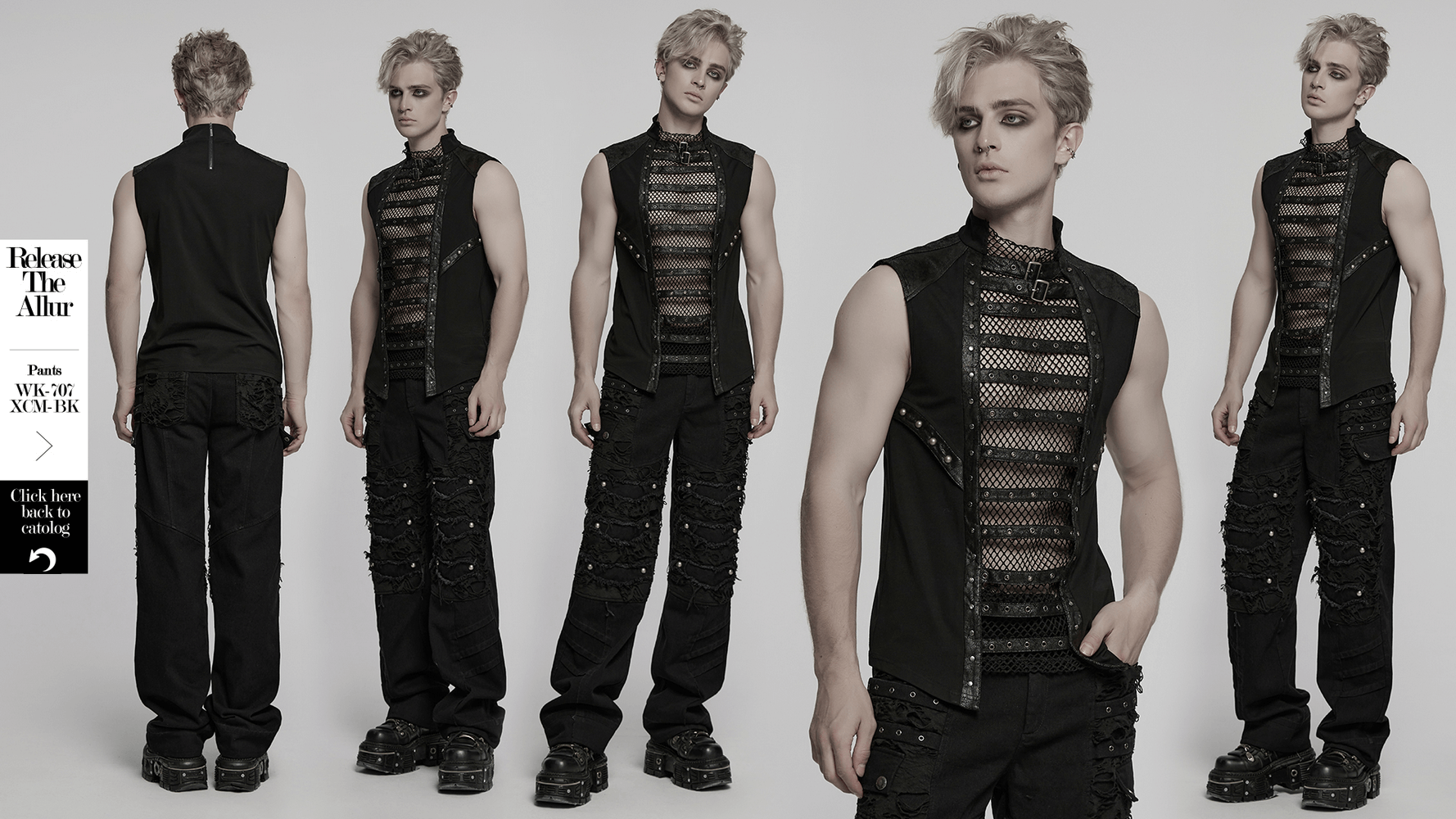 Stylish Gothic Mesh Vest with Faux Leather Trim worn by model, showcasing punk fashion with buckles and studs.