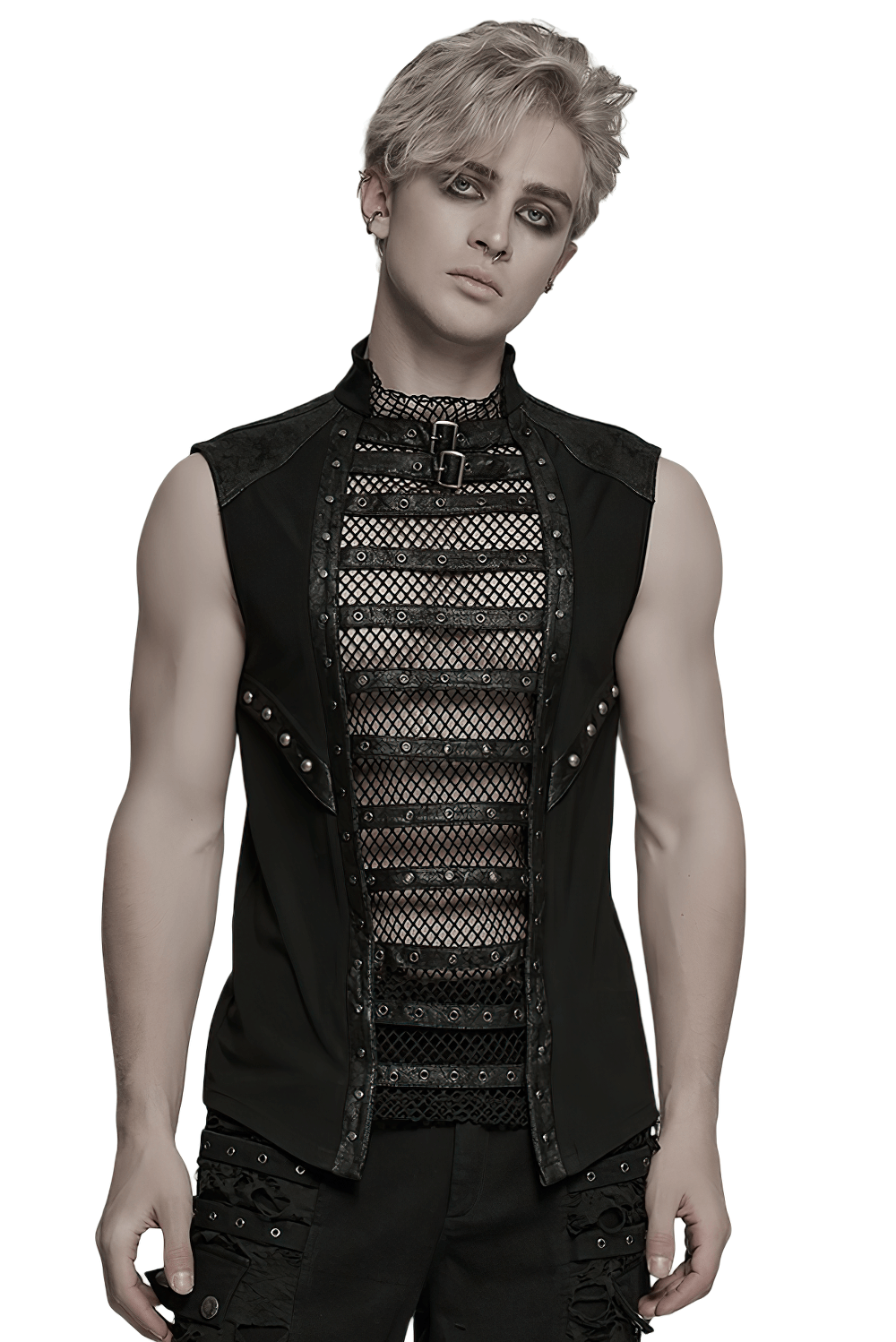 Punk-style gothic mesh vest with faux leather trim and buckles, showcasing a bold and rebellious fashion statement.