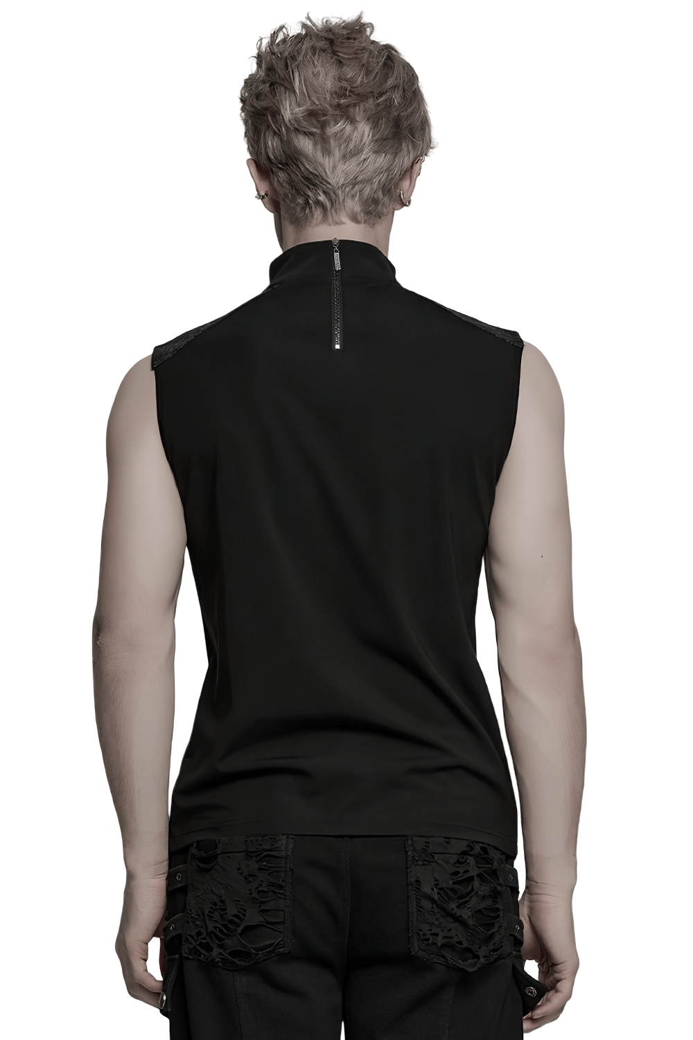 Back view of a stylish sleeveless black vest with a zippered neck and detailed fabric.
