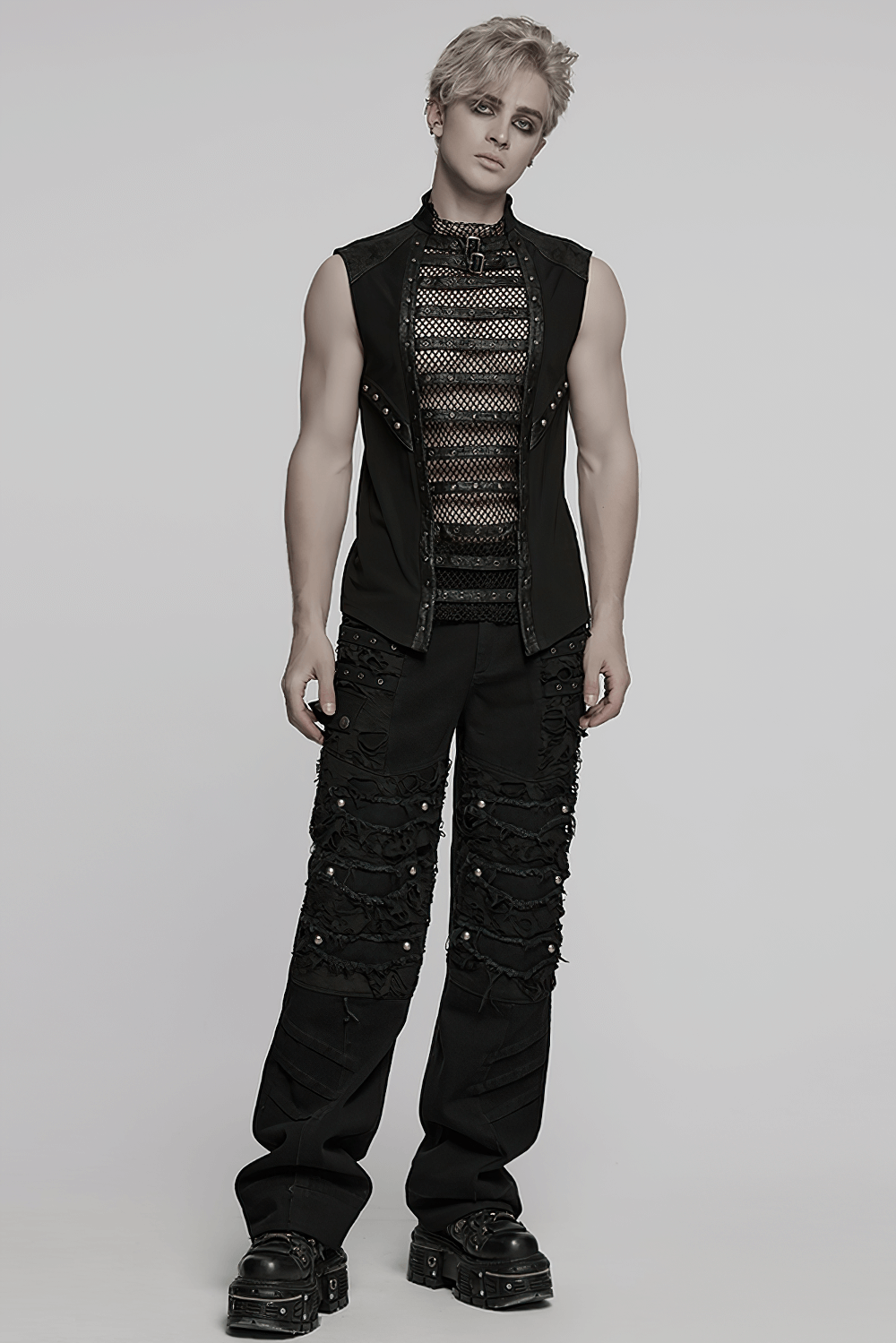 Stylish gothic mesh vest with faux leather trim, featuring bold buckles and edgy punk aesthetic.