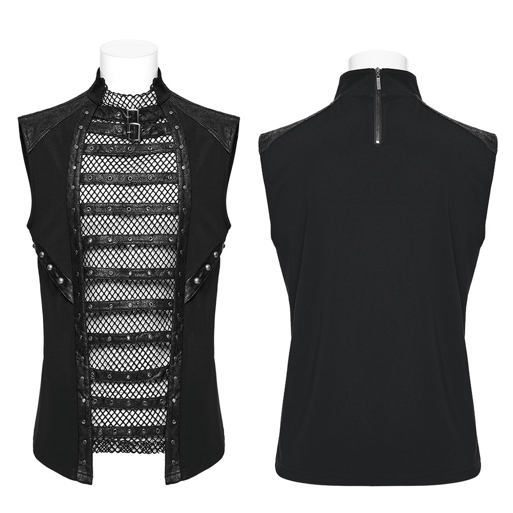 Stylish Gothic Mesh Vest with Faux Leather Trim, featuring buckles and metallic studs for edgy punk fashion.