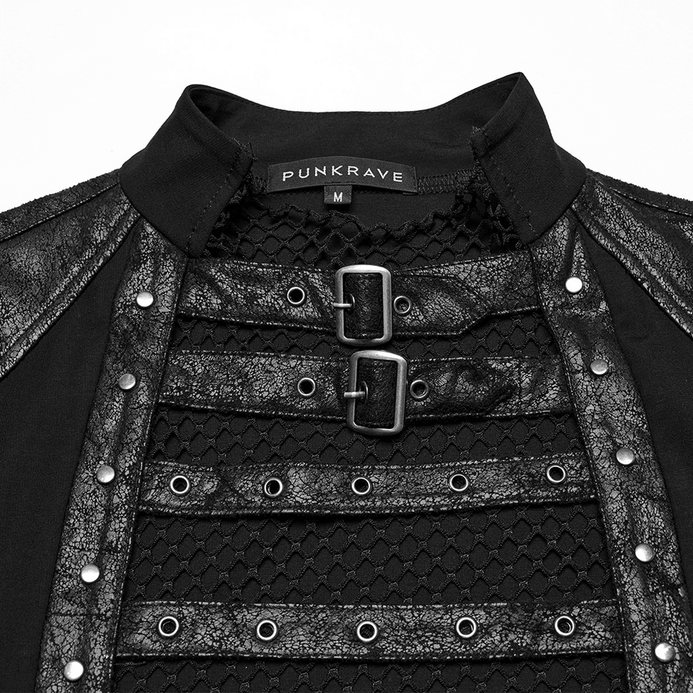 Stylish gothic mesh vest with faux leather trim and buckle straps, perfect for edgy punk fashion.