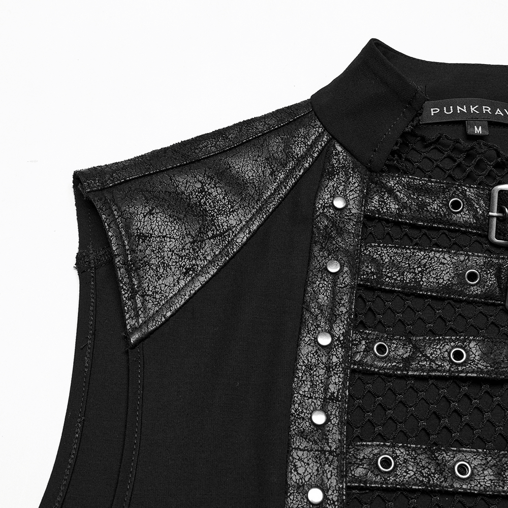 Close-up of stylish gothic mesh vest with faux leather trim, showcasing buckles and metallic studs for punk fashion.