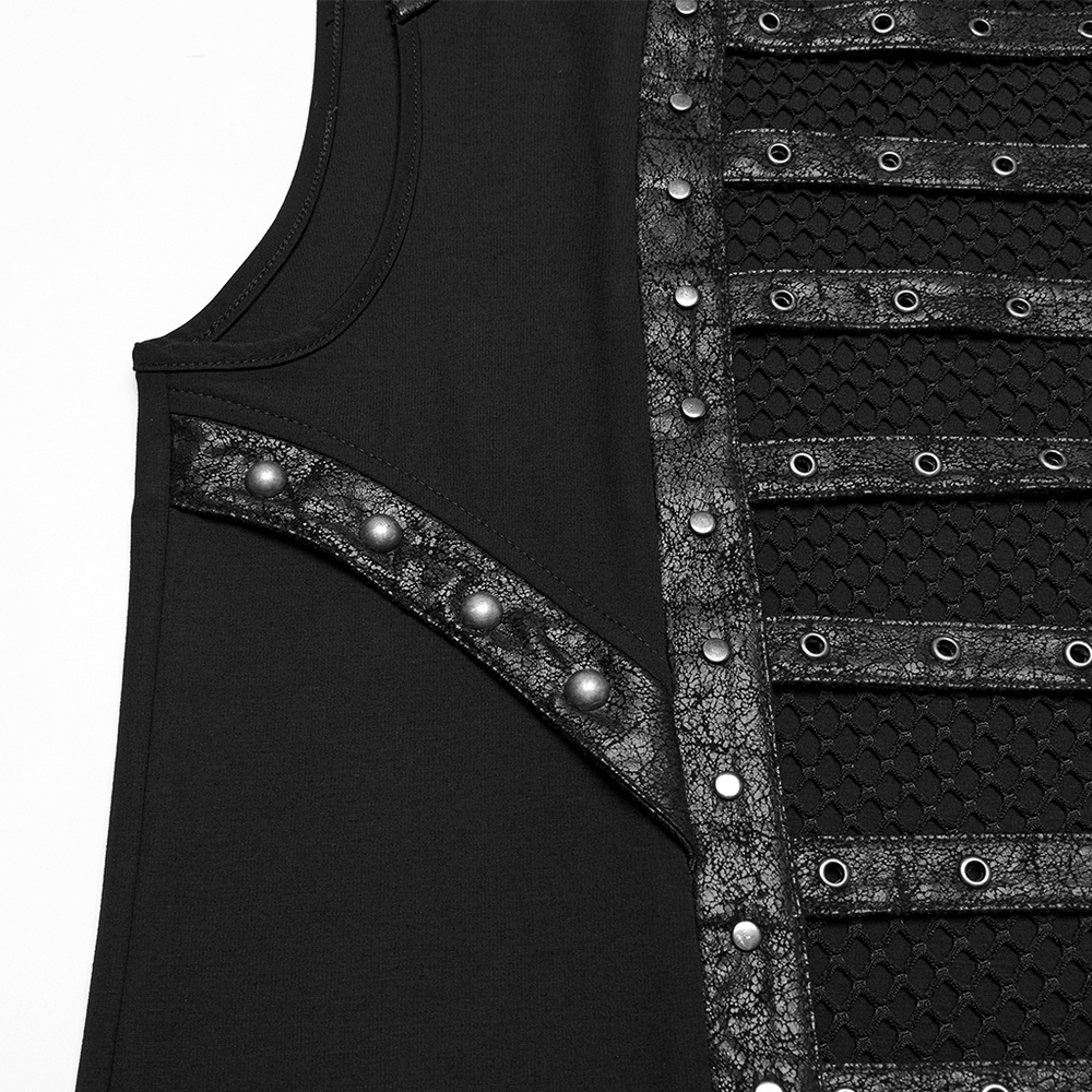 Stylish gothic mesh vest featuring faux leather trim, buckles, and metallic studs for a punk fashion statement.
