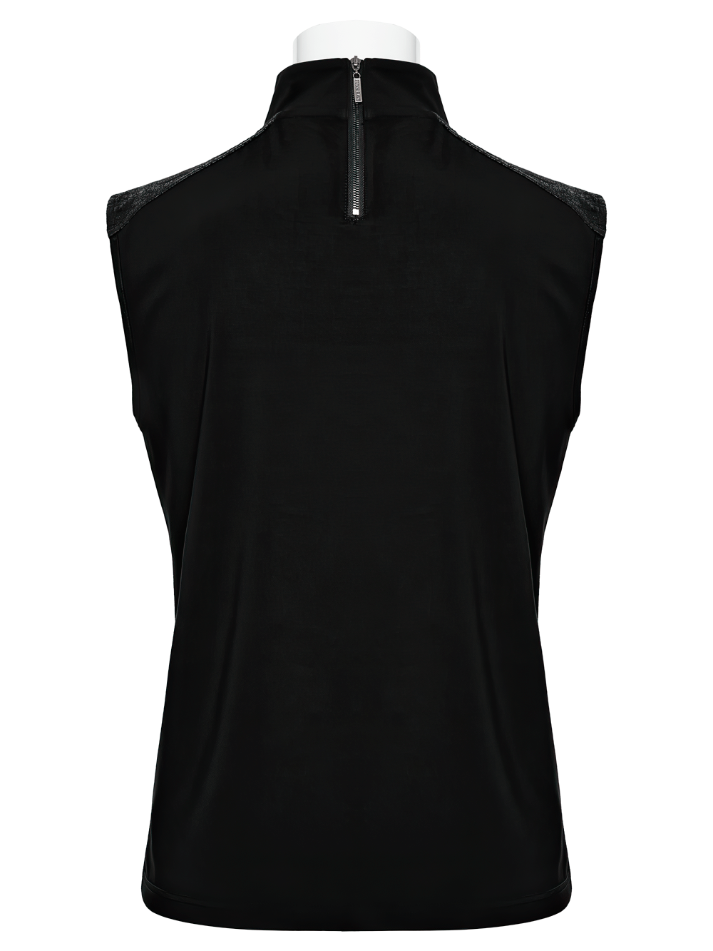 Back view of a stylish black sleeveless vest with a high collar and zip closure.