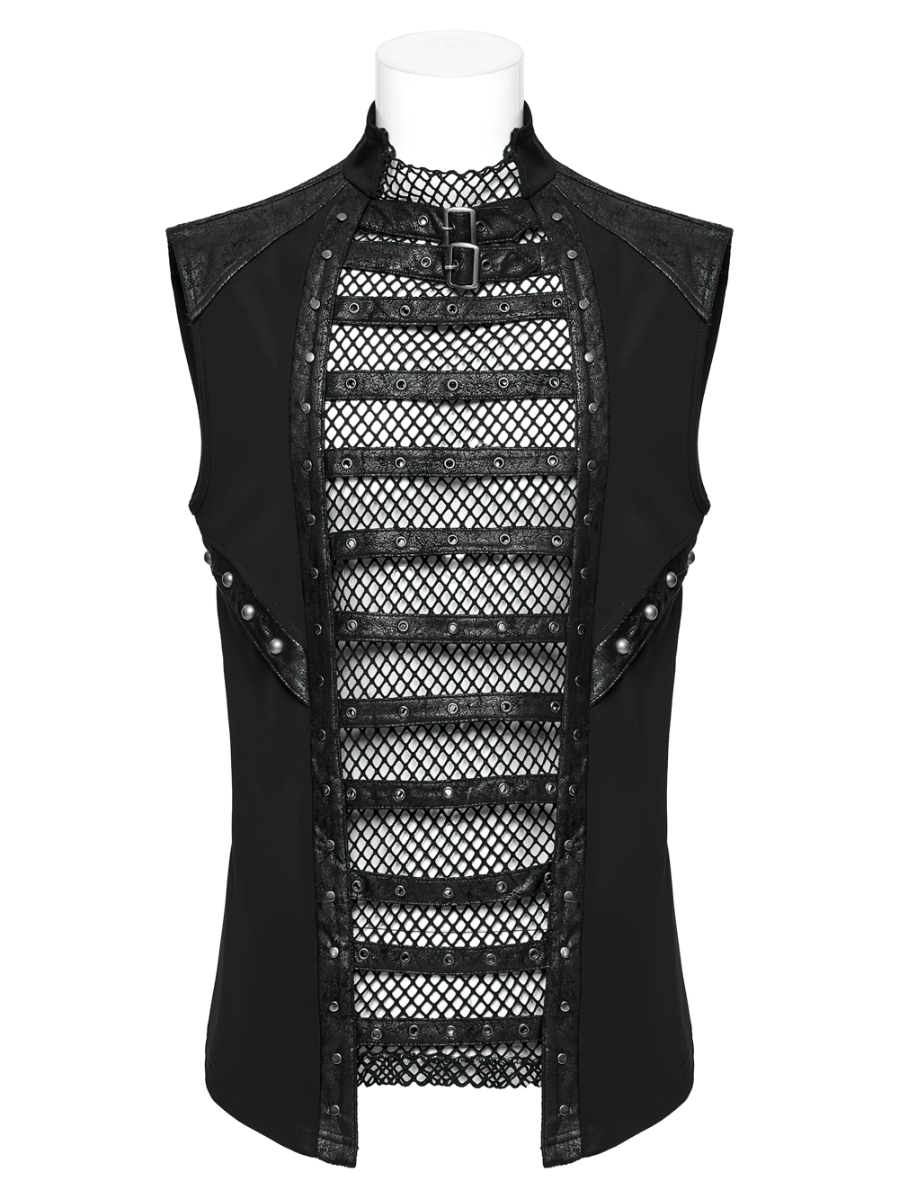 Stylish Gothic mesh vest with faux leather trim and buckles for bold punk fashion.
