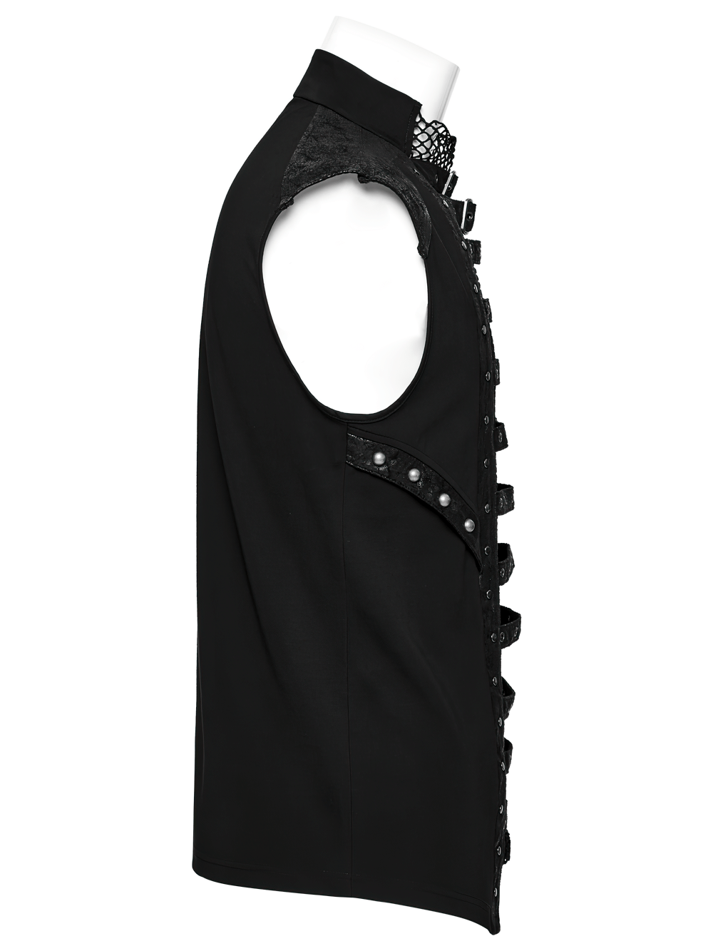 Stylish gothic mesh vest featuring cracked leather straps and metallic studs, perfect for punk fashion.