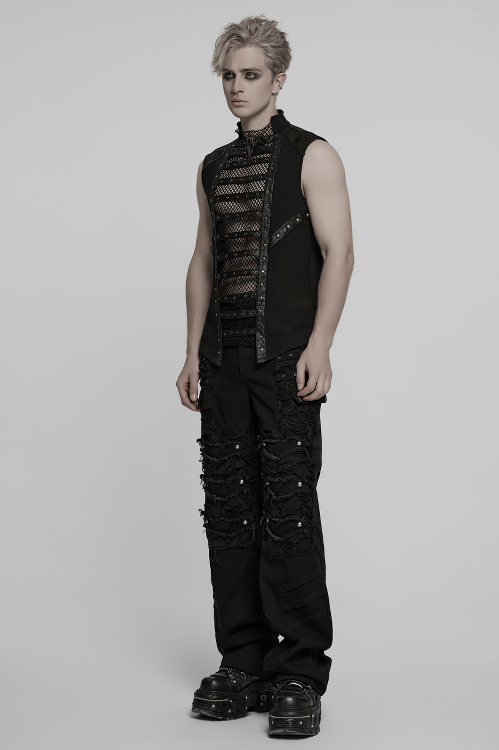 Stylish Gothic mesh vest with faux leather trim, featuring a punk aesthetic and edgy buckle straps.