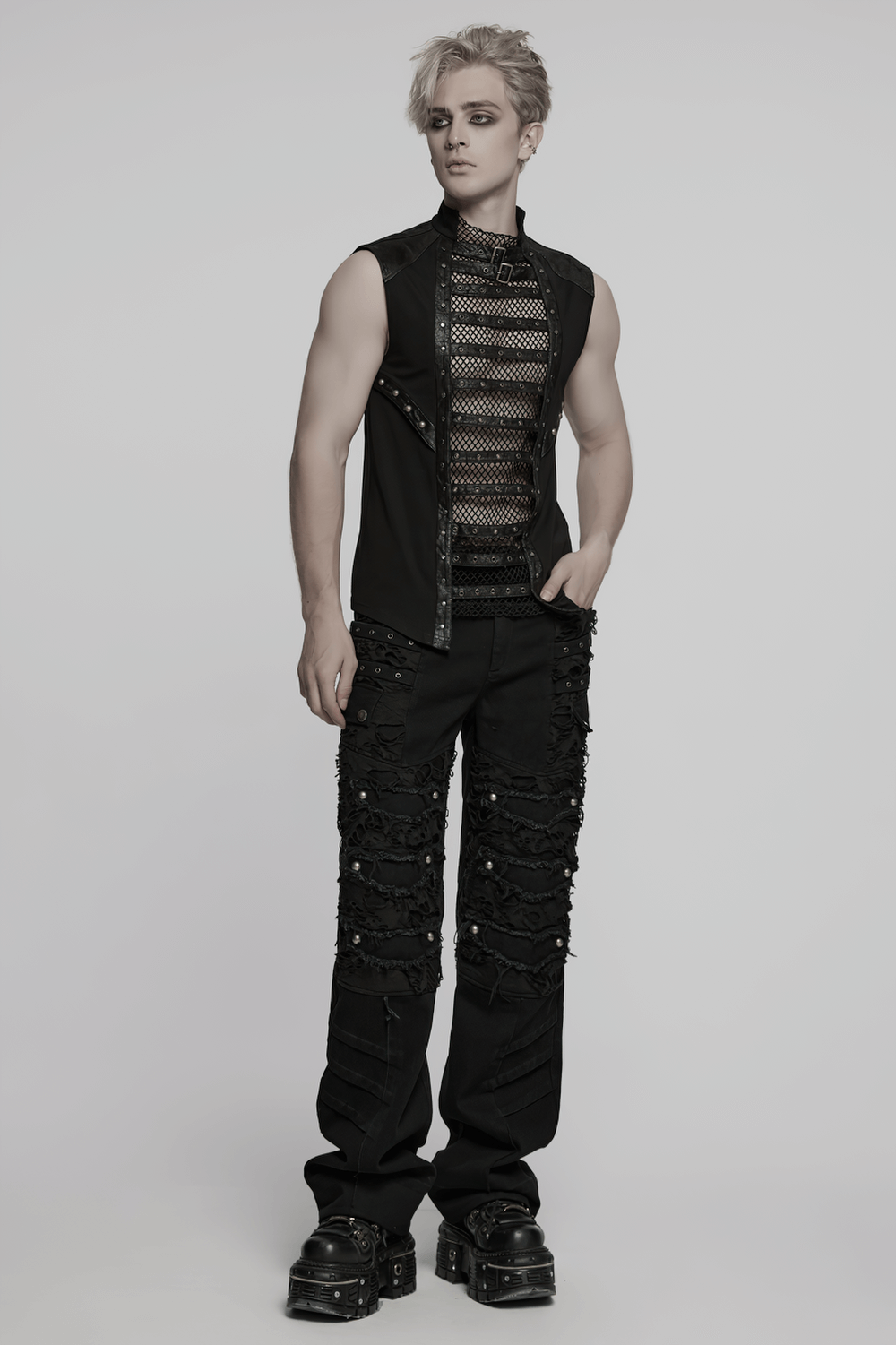 Stylish Gothic mesh vest with faux leather trim, featuring mesh front and buckles, creating a punk aesthetic.