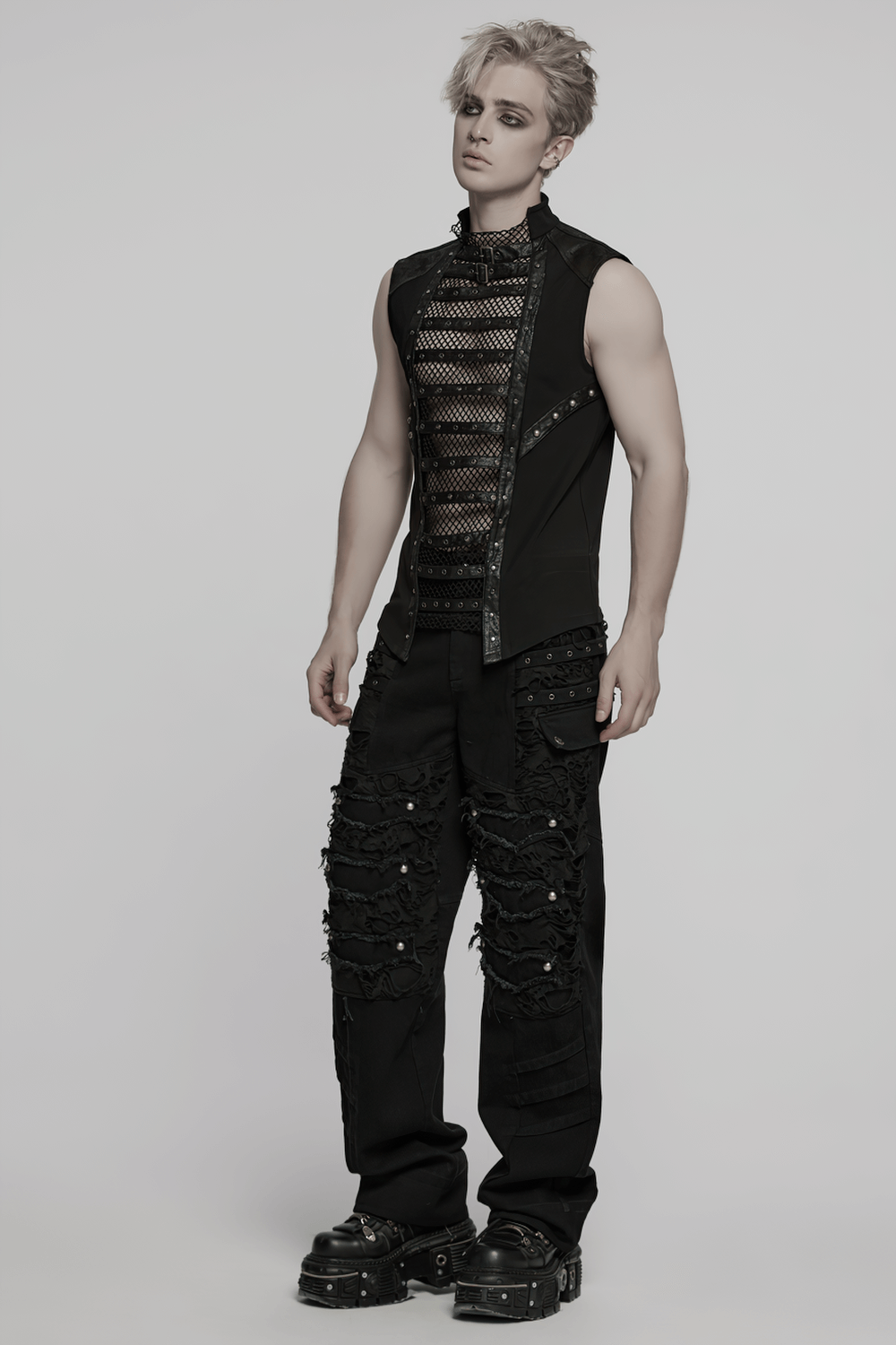 Stylish gothic mesh vest with faux leather trim, featuring buckles and punk-inspired design, perfect for edgy fashion.