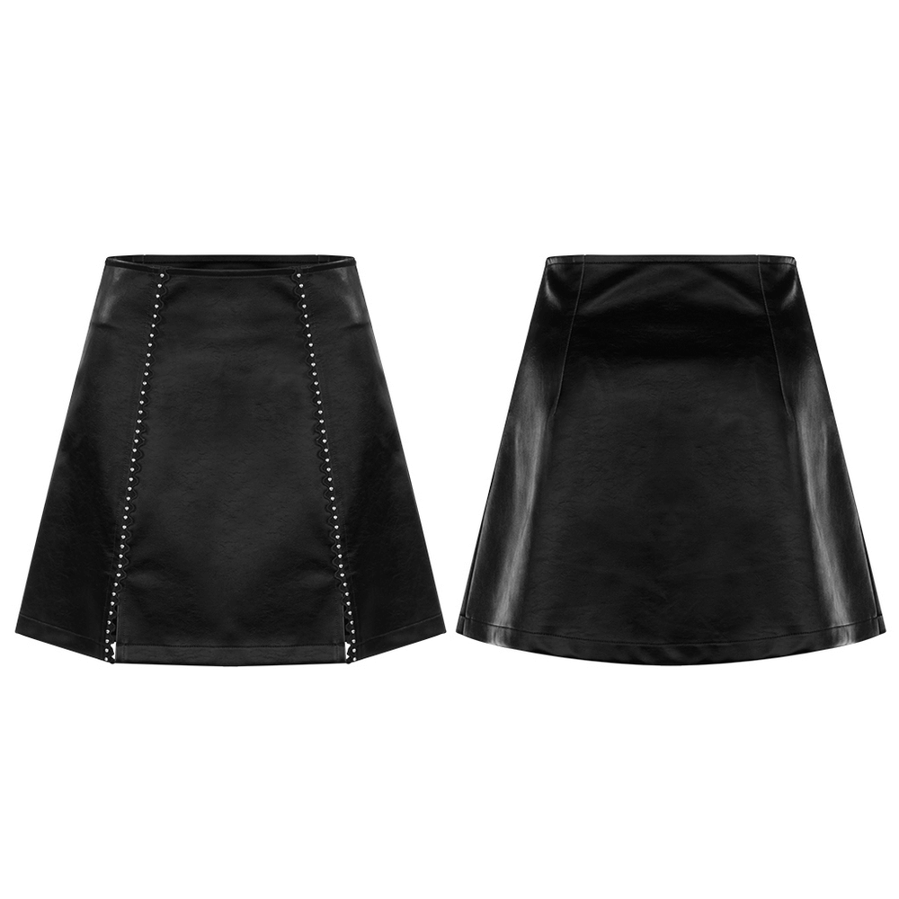 Stylish Gothic mini skirt with lace-up rivet details in black leather, featuring an A-line silhouette and invisible zipper.