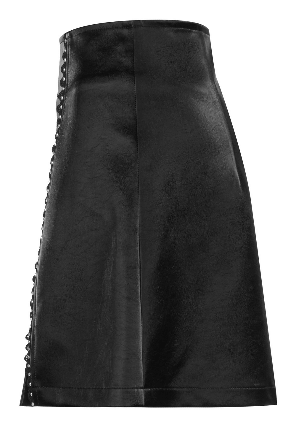 Stylish gothic mini skirt in black leather with lacing and rivet details, perfect for a punk rave look.