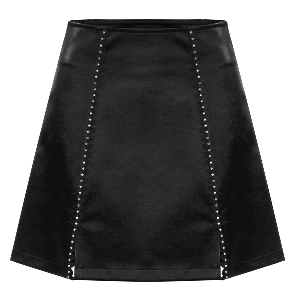 Stylish Gothic mini skirt with rivet detailing, lace-up sides, and A-line silhouette in black leather.