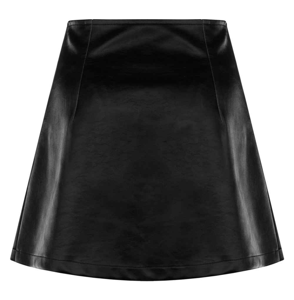 Stylish black Gothic mini skirt with A-line silhouette and rivet lace details, perfect for punk rave fashion.