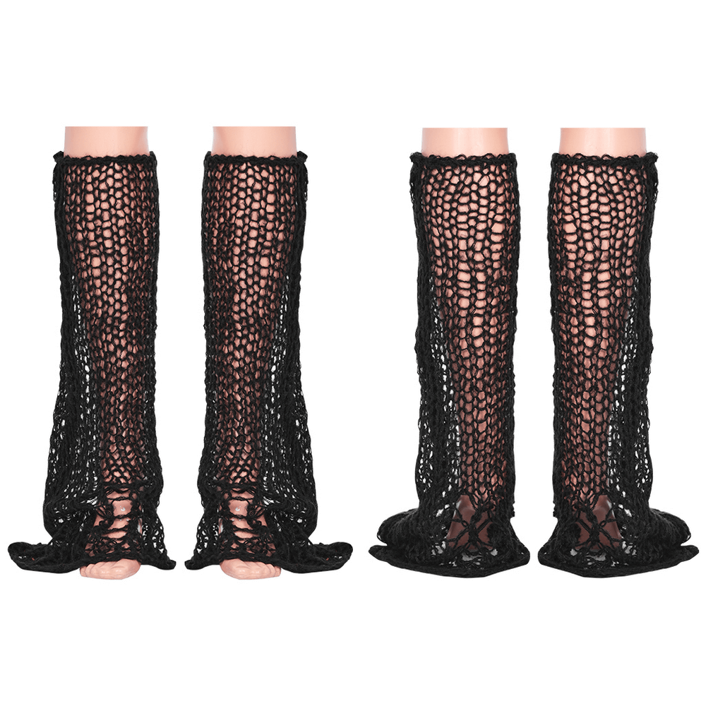 Stylish black knit leg warmers with a flared design, perfect for edgy winter fashion and layering over tights.