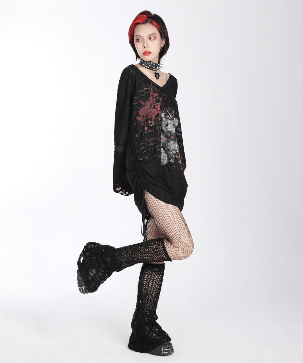 Edgy model showcasing black attire, fishnet stockings, and stylish chunky boots for punk-inspired winter fashion.