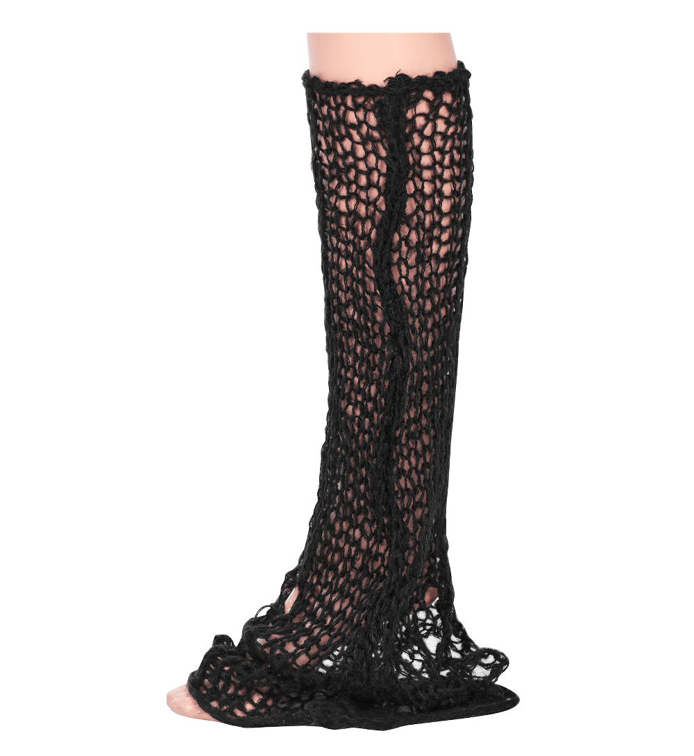 Stylish black mohair knit leg warmers showcasing a unique striped design for edgy winter fashion.