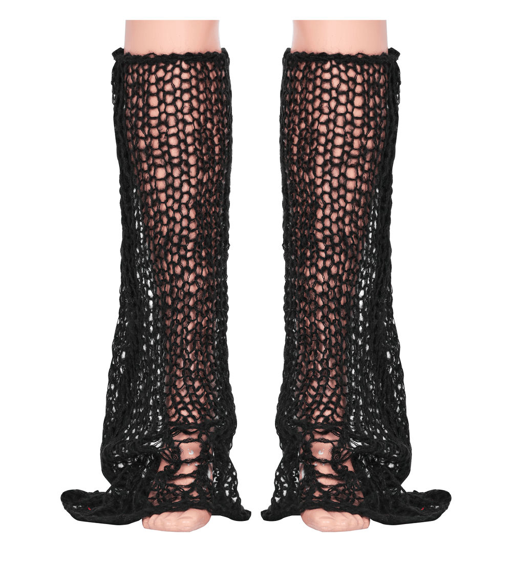 Stylish gothic mohair knit leg warmers in black with a unique striped design, perfect for edgy winter fashion.