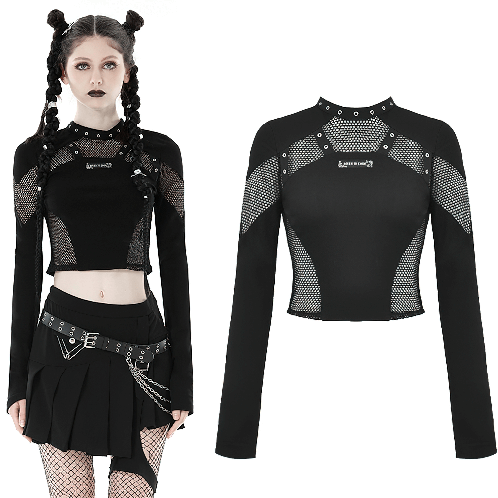 Stylish Gothic O-Neck Mesh Crop Top for Women