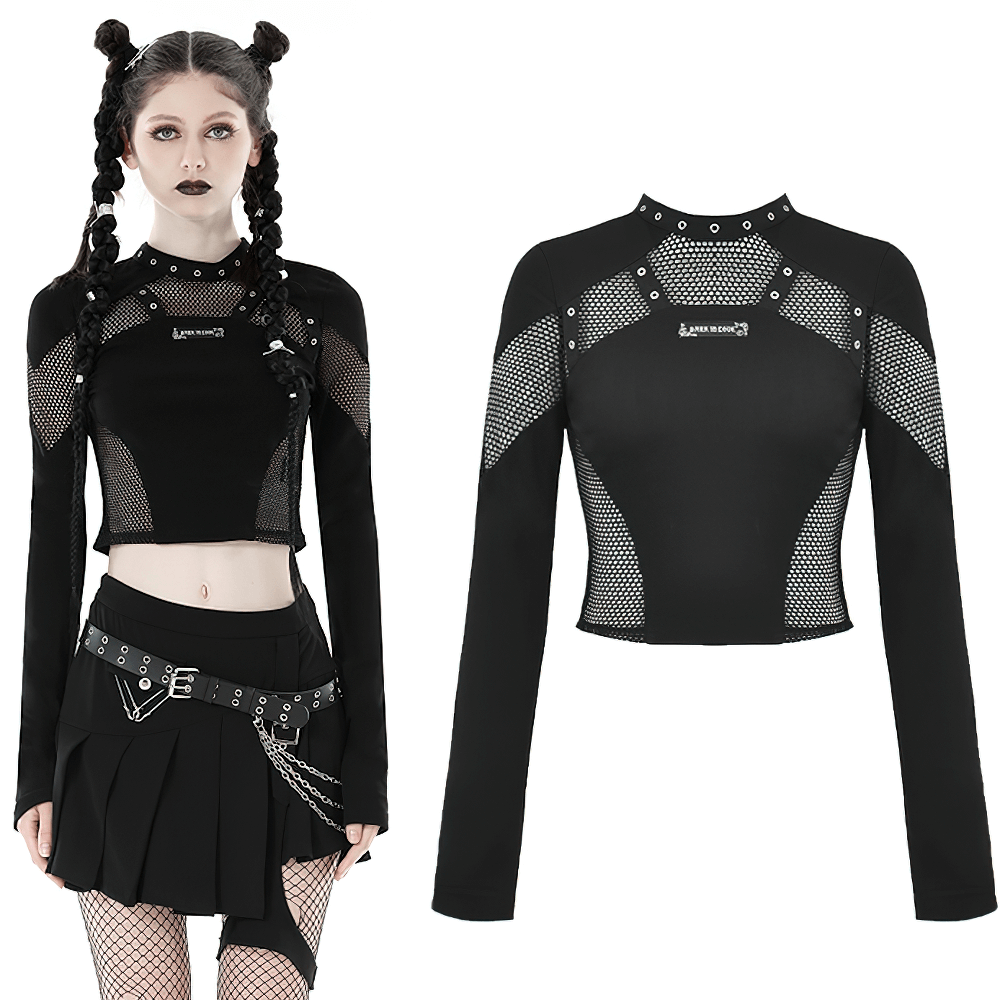 Stylish black mesh crop top with long sleeves and cutout details, perfect for edgy chic fashion.