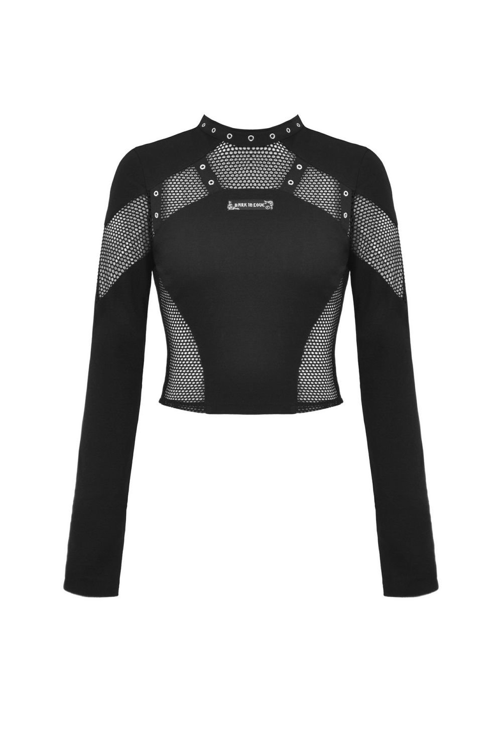 Stylish Gothic O-Neck Black Mesh Crop Top for women, featuring long sleeves and edgy cutouts for a chic look.