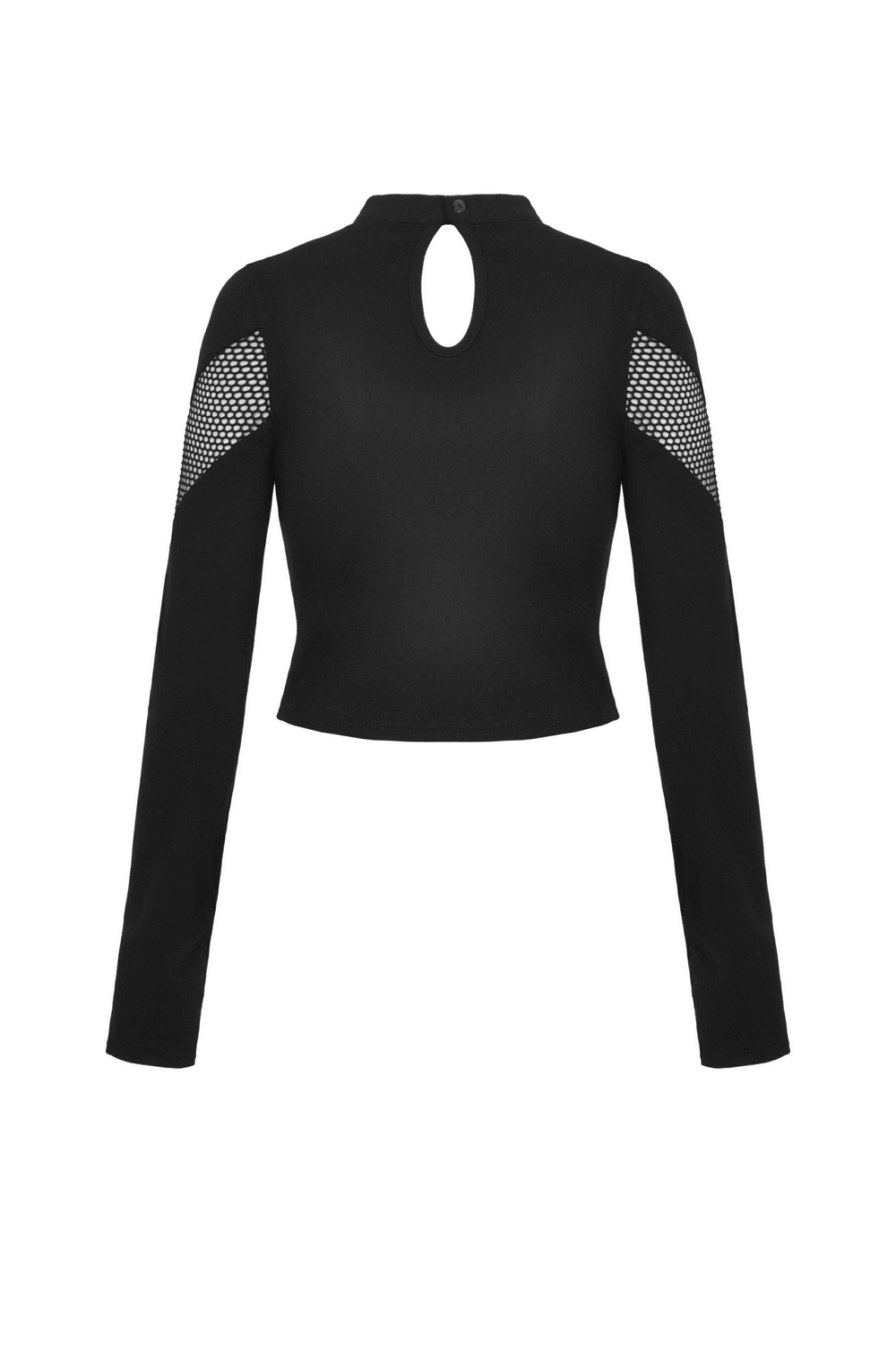 Back view of stylish black mesh long sleeve crop top for women with cutout details and keyhole design.