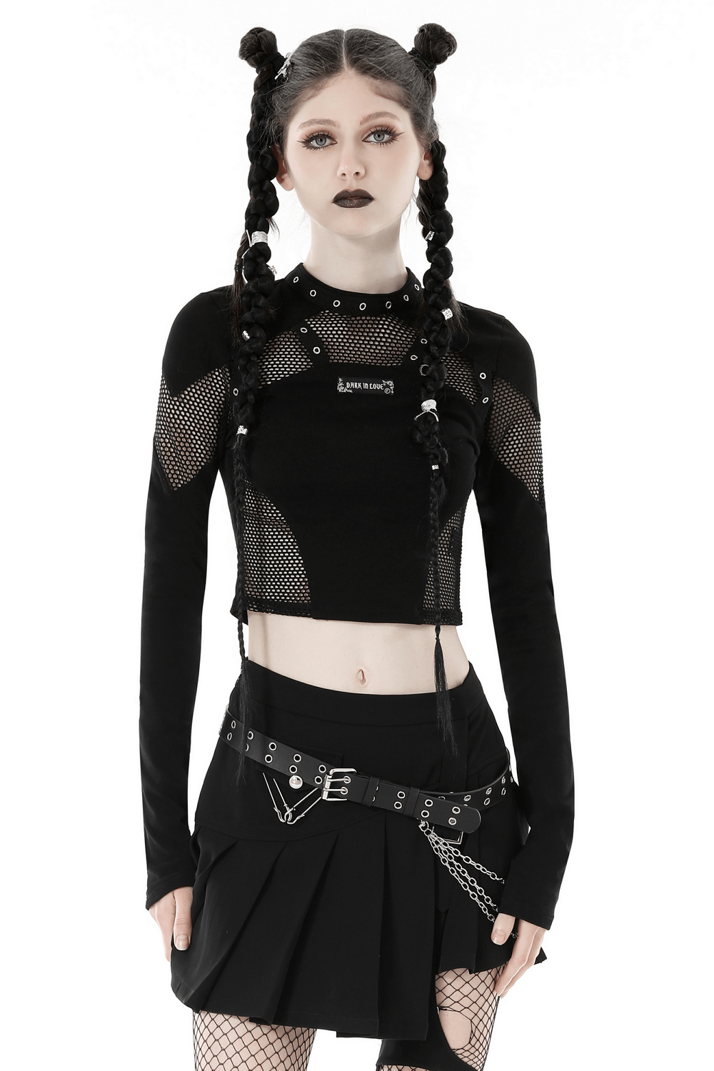 Stylish Gothic O-Neck Mesh Crop Top featuring long sleeves and cutout details, perfect for edgy fashion lovers.
