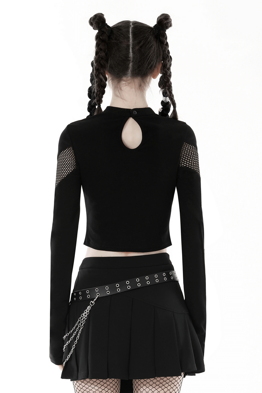Back view of stylish gothic O-neck mesh crop top for women, featuring cutout details and long sleeves.