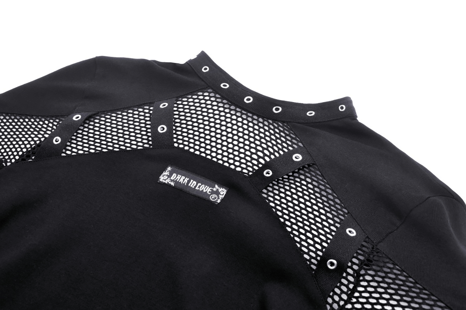 Stylish gothic black mesh crop top with cross cutouts and logo detail for edgy fashion lovers.