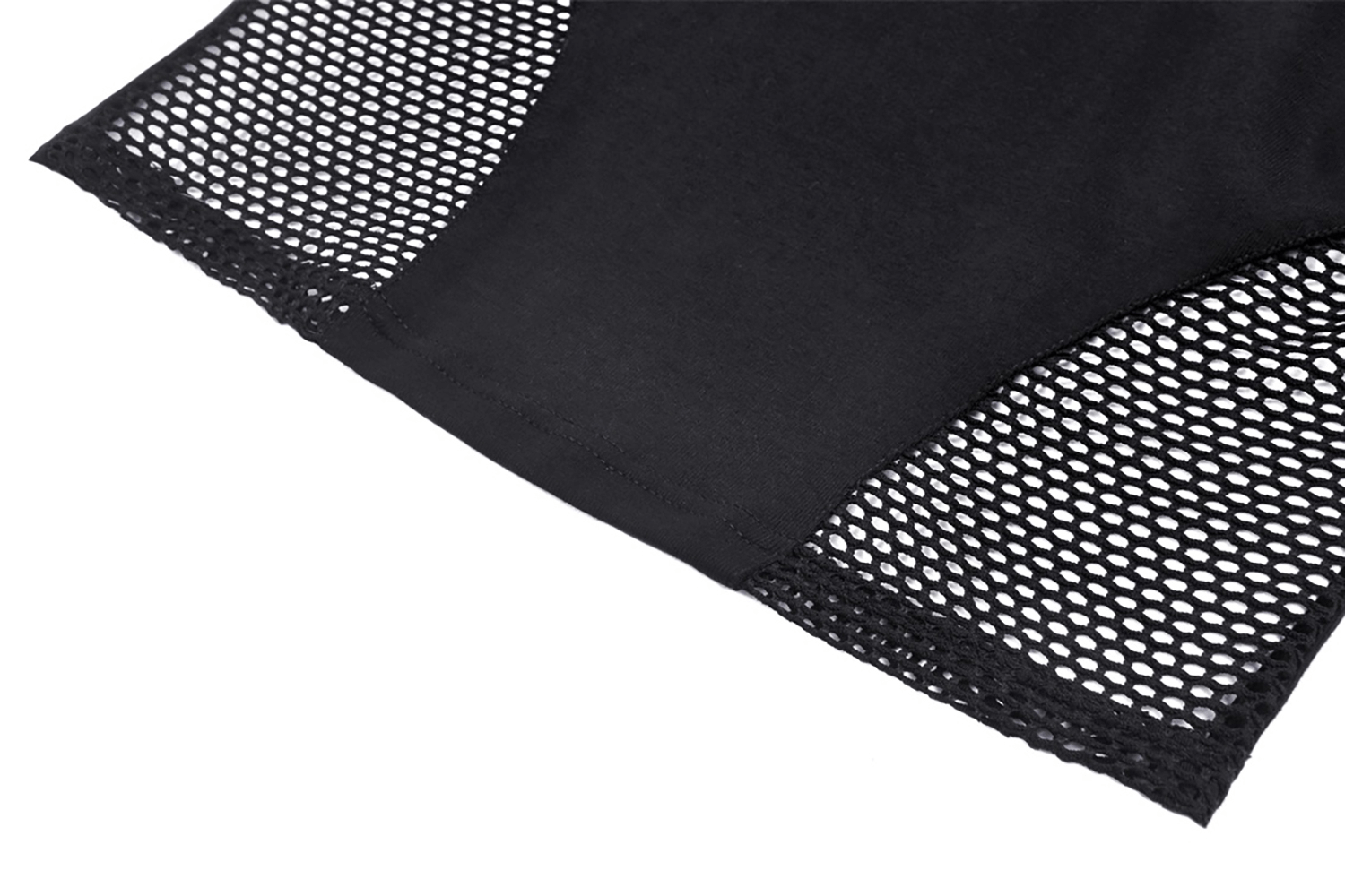 Close-up of stylish black mesh crop top showcasing cutout details and long sleeves, perfect for edgy fashion.