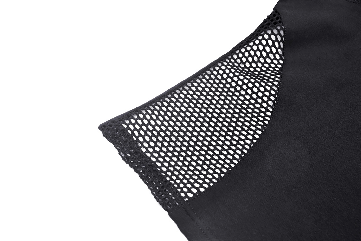 Close-up of the stylish black mesh long sleeve crop top, highlighting the edgy cutout detail.