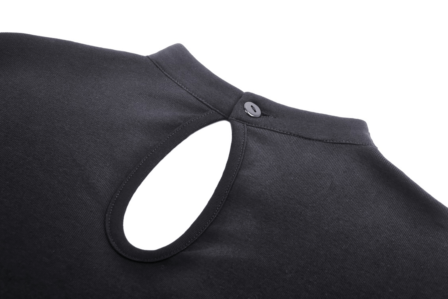 Close-up of the back button detail and cutout of a stylish black mesh crop top for women.