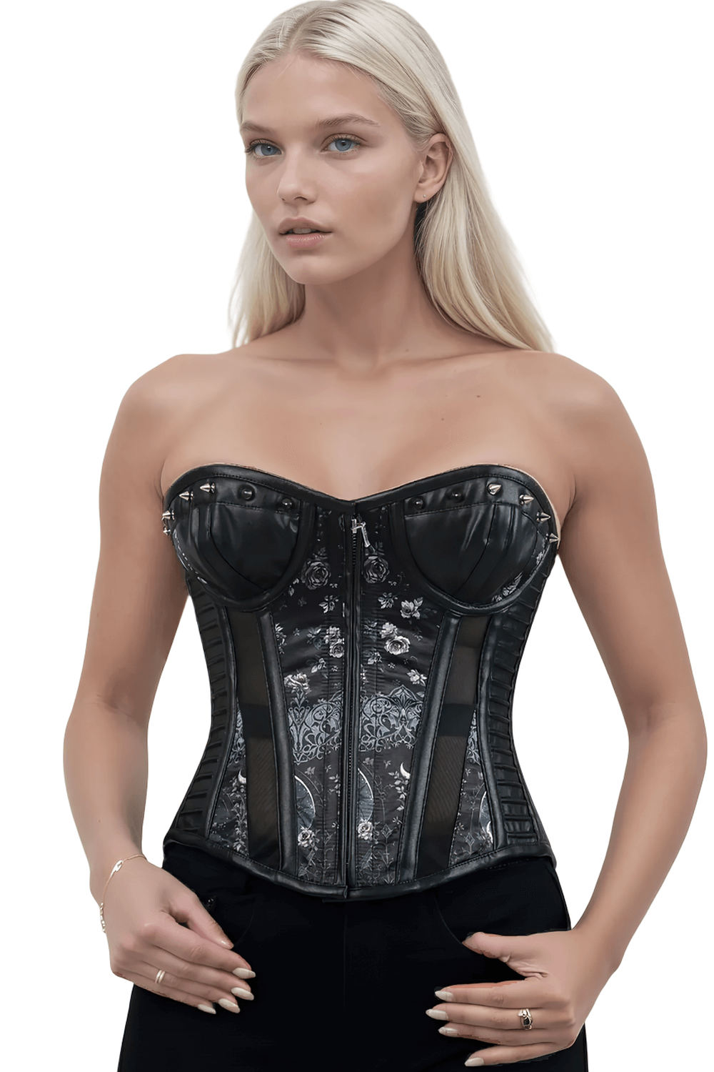 Stylish Gothic Overbust Corset with Studs and Moon Print, featuring moon phase motifs and faux leather details.