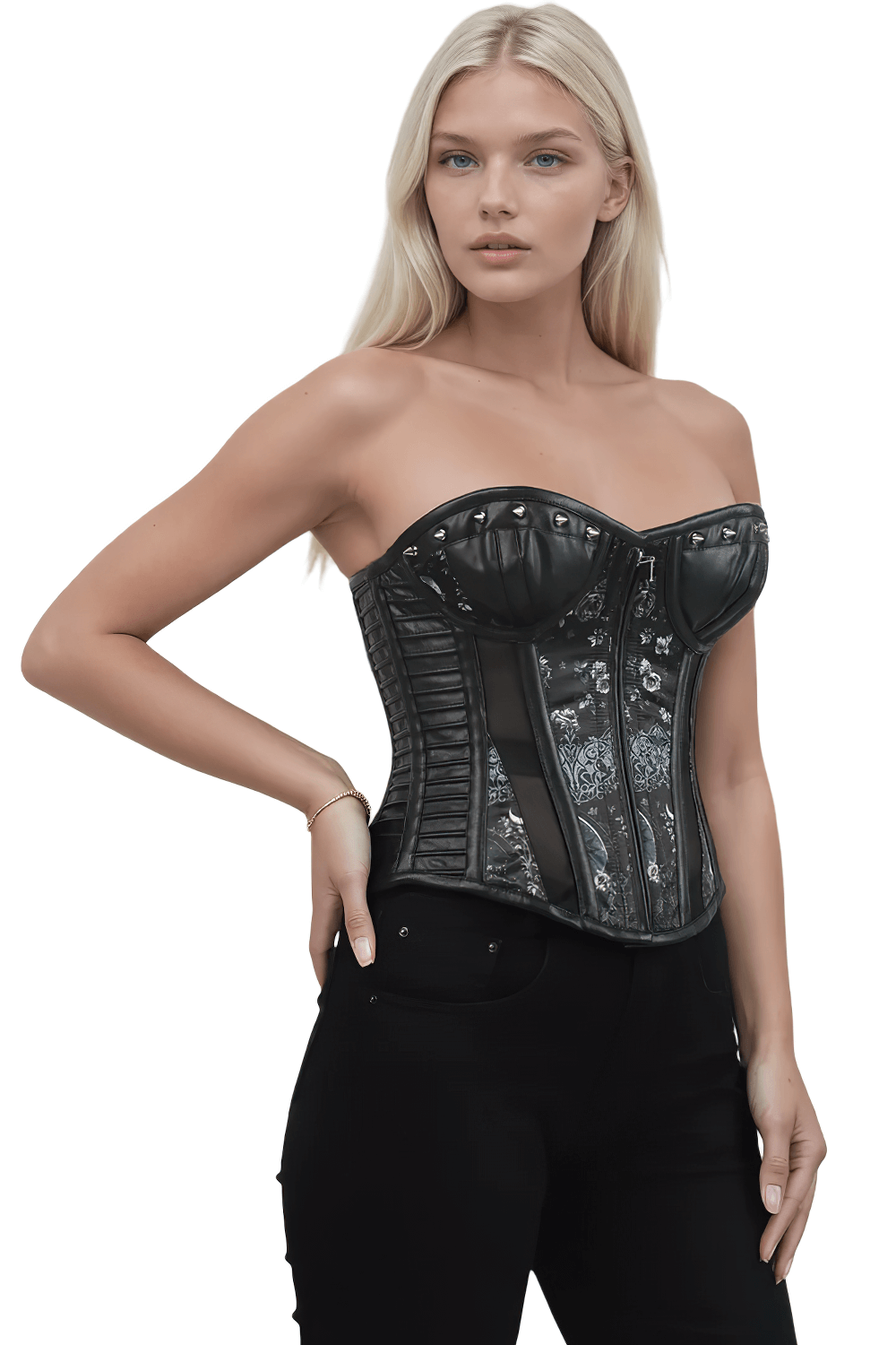 Stylish Gothic Overbust Corset with Studs and Moon Print worn by model, showcasing moon phase design and faux leather details.
