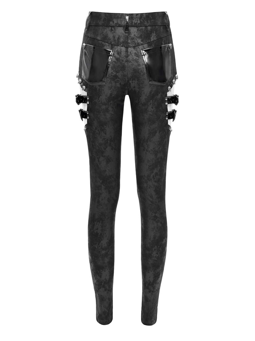 Fashion-forward Gothic pants with side buckles and patent leather pockets for a bold edgy look.