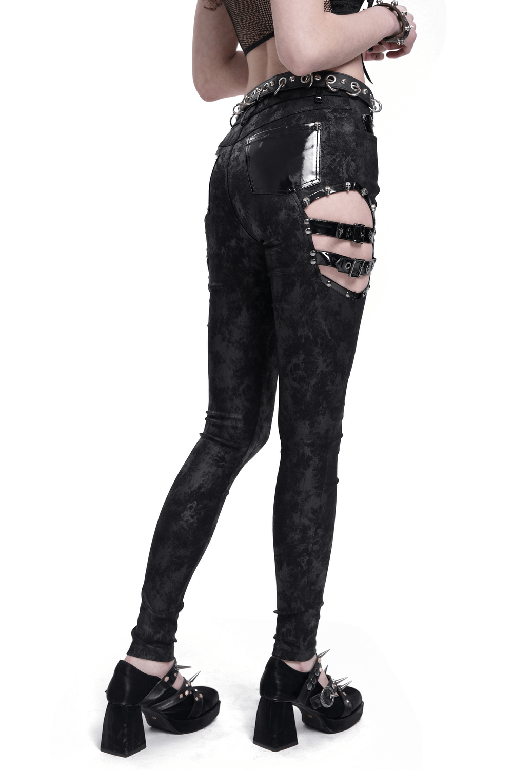 Edgy Gothic pants with side buckles, patent leather pockets, and trendy detailing for a unique fashion statement.