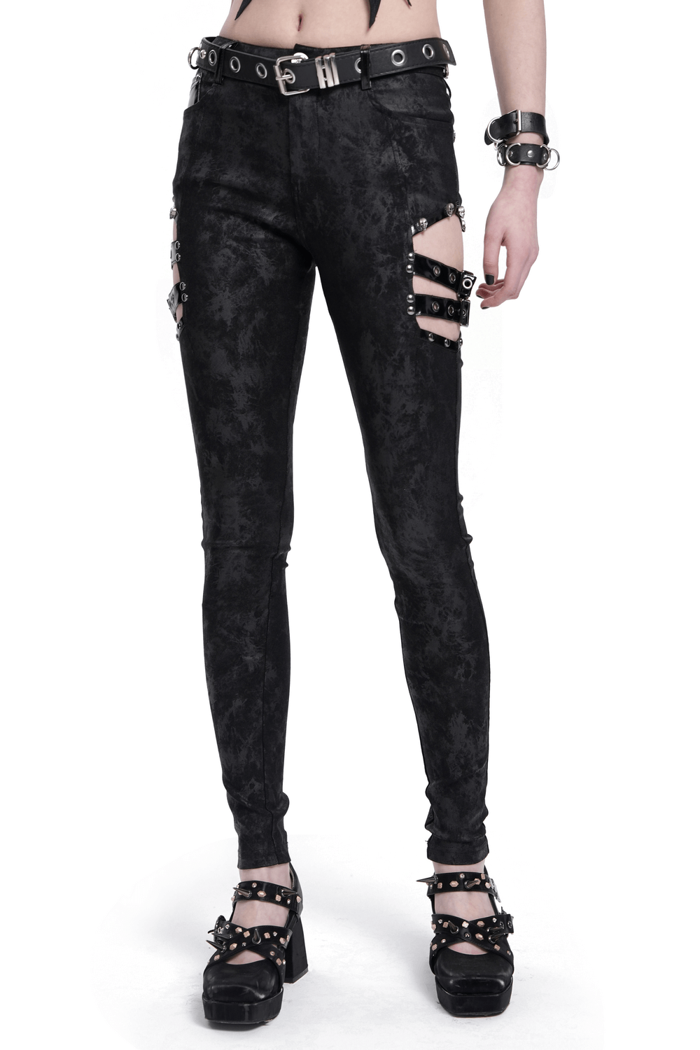 Trendy Gothic pants with side buckles and pockets, perfect for edgy fashion statements.