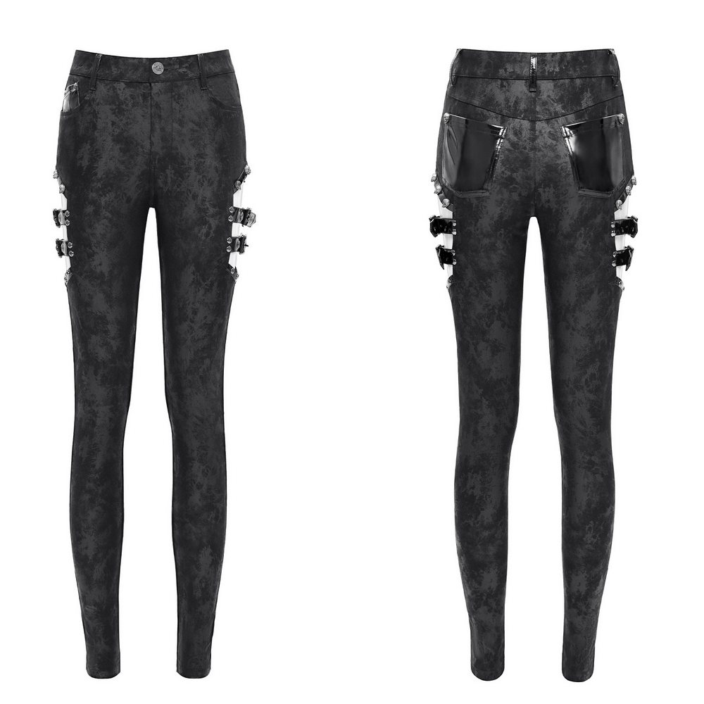 Stylish Gothic pants featuring eye-catching side buckles and sleek patent leather pockets for an edgy look.